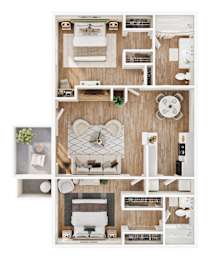 A top-down view of a room layout with a bed, couch, and kitchen area.