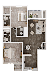A top-down view of a modern apartment layout with a kitchen, living room, and bedroom.