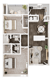 A floor plan of a small apartment with a kitchen, living room, and bathroom.