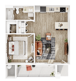 A top-down view of a modern apartment with a kitchen, living room, and bathroom.