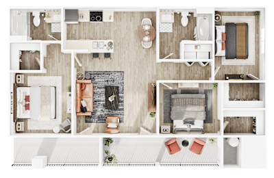 A top-down view of a small apartment layout with a kitchen, living room, and bedroom.