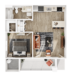 A top-down view of a modern apartment layout with a living area, kitchen, and bedrooms.