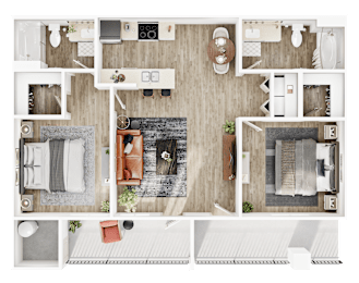 A top-down view of a house layout with a living room, kitchen, and bathrooms.