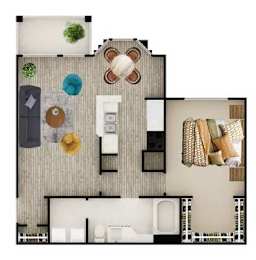A floor plan of a house with a kitchen, living room, and bathroom.