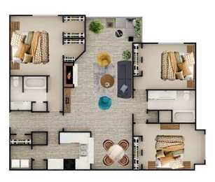 A floor plan of a house with a central open space and rooms surrounding it.