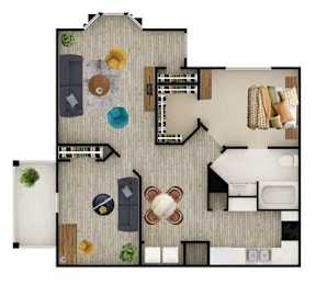 A floor plan of a house with a living room, dining room, kitchen, and two bathrooms.