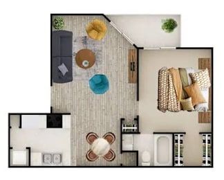 A top-down view of a modern living room with a grey sofa, a round blue ottoman, a round brown ottoman, a round white ottoman, a round white table, a round white rug, a round white flower vase