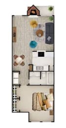 A floor plan of a house with a living room, kitchen, and two bedrooms.