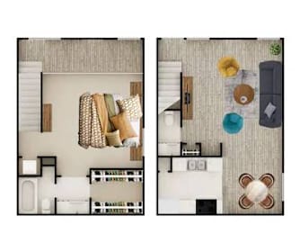 A top-down view of a room with a couch, chairs, and a table.
