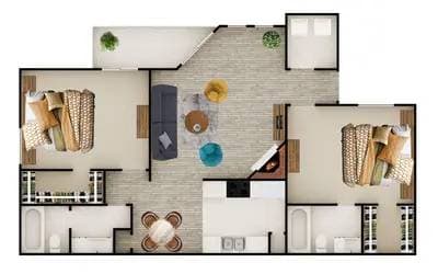 A top-down view of a modern apartment with a living room, kitchen, and two bedrooms.