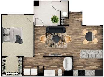 A top-down view of a modern bathroom with a large mirror, a round sink, and a wooden floor.