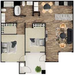 A top-down view of a modern apartment with two bedrooms, a living area, and a kitchen.