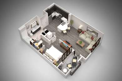 A 3D rendered image of a modern apartment layout.