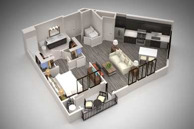 A 3D rendered image of a modern apartment layout.