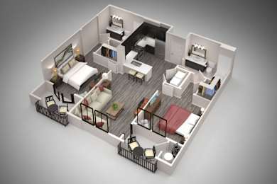 A 3D rendered image of a modern apartment layout.