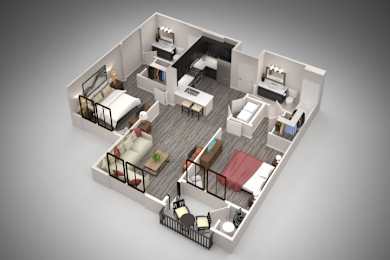 A 3D rendered image of a modern apartment layout.