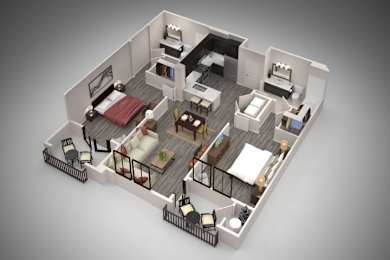 A 3D rendered image of a house layout.