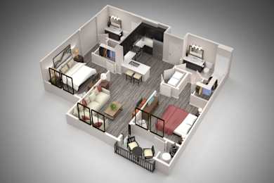 A 3D rendered image of a small apartment layout.