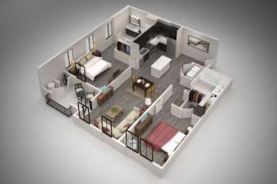 A 3D rendered image of a small apartment layout.