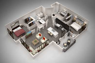 A 3D rendered image of a modern apartment layout.