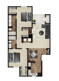 A floor plan of a house with a kitchen, living room, and two bedrooms.