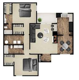 A floor plan of a house with a kitchen, living room, and two bedrooms.