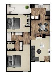 A floor plan of a two-story apartment with a living room, dining room, kitchen, and two bedrooms.