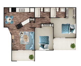 A top-down view of a room with a couch, chairs, and a table.