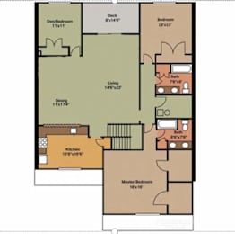 Floor Plan  A floor plan of a house with a den/bedroom, two bathrooms, a kitchen, a dining area, a living room, and two bedrooms.