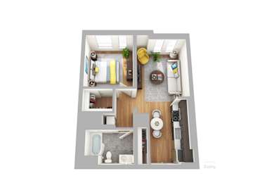 A 3D floor plan of a small apartment with a kitchen, living room, and bathroom.