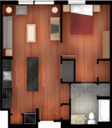A floor plan of a house with a kitchen, living room, and bathroom.