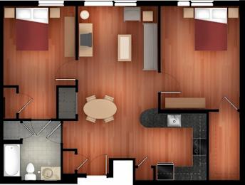 A top-down view of a house layout with a kitchen, living room, and bathroom.