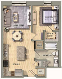 A floor plan of a small apartment with a living room, kitchen, bathroom, and bedroom.