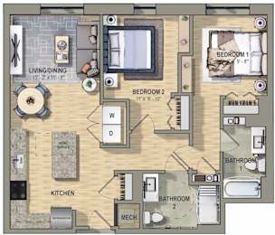 A floor plan of a two bedroom apartment with a living room, kitchen, and two bathrooms.