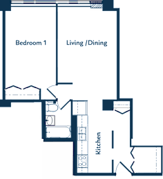 A floor plan of a house with a kitchen, living/dining area, and two bedrooms.