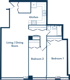 A floor plan of a house with a kitchen, living/dining room, and two bedrooms.