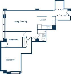 A floor plan of a house with two bedrooms, a living/dining area, and a kitchen.