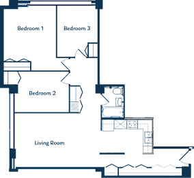 A floor plan of a house with three bedrooms and a living room.