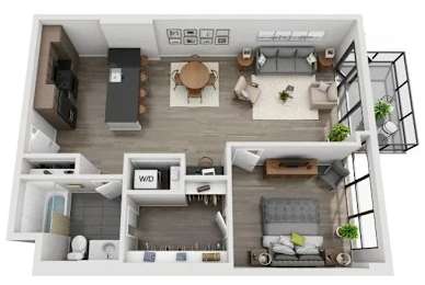 A top-down view of a modern apartment with a kitchen, living room, and bedroom.