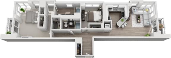a bedroom floor plan with a bathroom and a living room