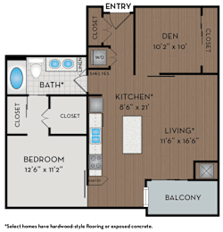 A floor plan of a home with a den, bathroom, kitchen, living room, bedroom and balcony.