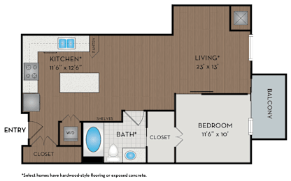 A floor plan of a small apartment with a kitchen, bathroom, and bedroom.
