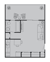 A floor plan of a small apartment with a kitchen, living room, and bathroom.