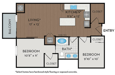A floor plan of a home with a living room, kitchen, two bedrooms, a bathroom, and a balcony.