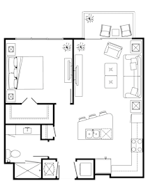 A floor plan of a house with a kitchen, living room, and bathroom.