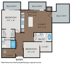 A floor plan of a home with two bedrooms, a living room, a kitchen, two bathrooms, and two closets.