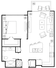 A floor plan of a house with a kitchen, living room, and bathroom.