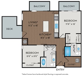 A floor plan of a home with two bedrooms, a living room, a kitchen, a bath, a deck, and two balconies.