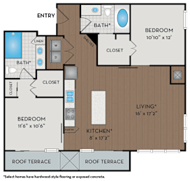 A floor plan of a home with a living room, kitchen, two bedrooms and two bathrooms.