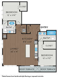 A floor plan of a house with a living room, kitchen, and two bedrooms.